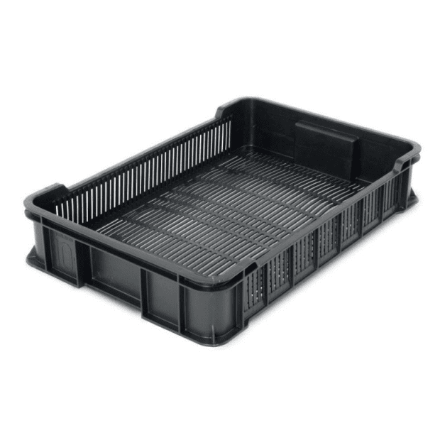 PLASTIC CONTAINER 600 X 400 X 130 MM HANDLING PERFORATED RECYCLED BLACK