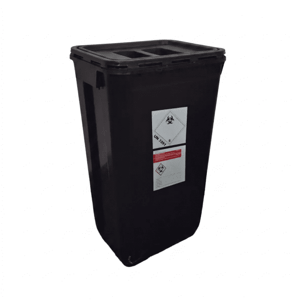 PP REC CONTAINER 60 L BLACK UN 3H2//S CONICAL 400 X 300 X 670 MM INCLUDES A BLACK LID WITH A HANDLE 