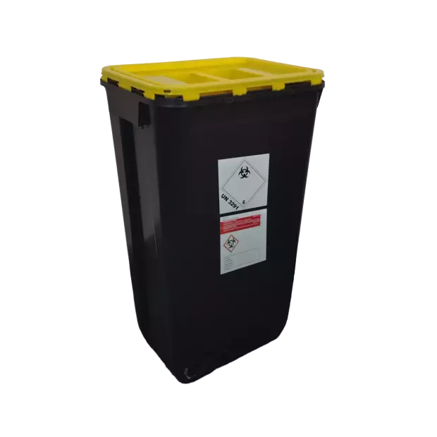 PP REC CONTAINER 60 L BLACK UN 3H2//S CONICAL 400 X 300 X 670 MM INCLUDES A BLACK LID WITH A HANDLE 