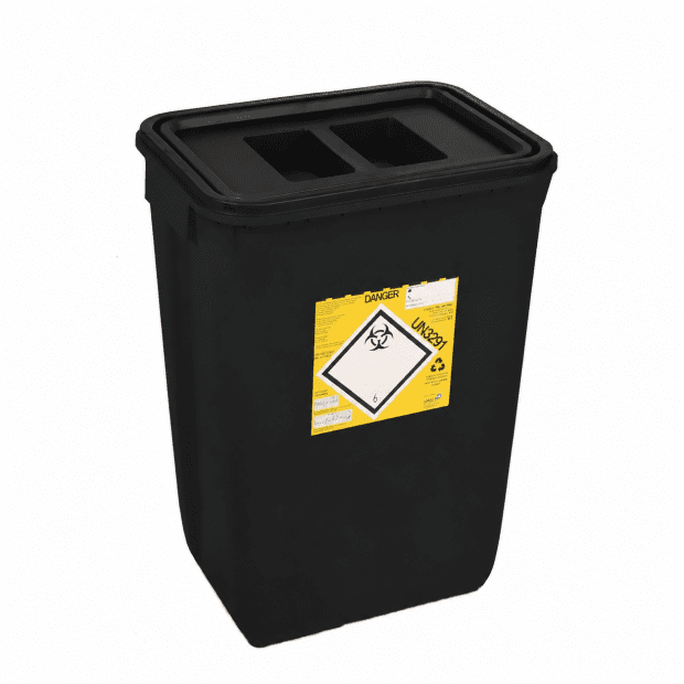 PP REC CONTAINER 50L BLACK UN 3H2//S CONICAL 400X300X550MM INCLUDES A BLACK LID WITH A HANDLE