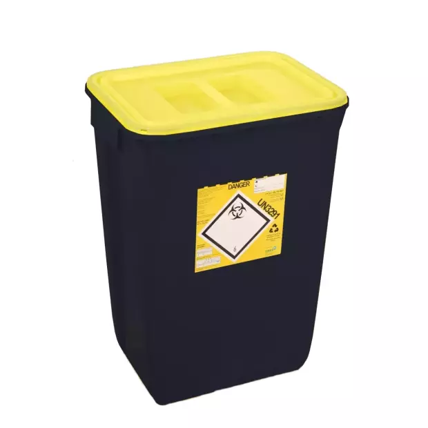 PP REC CONTAINER 50 L BLACK UN 3H2//S CONICAL 400 X 300 X 550 MM INCLUDES A YELLOW LID WITH A HANDLE
