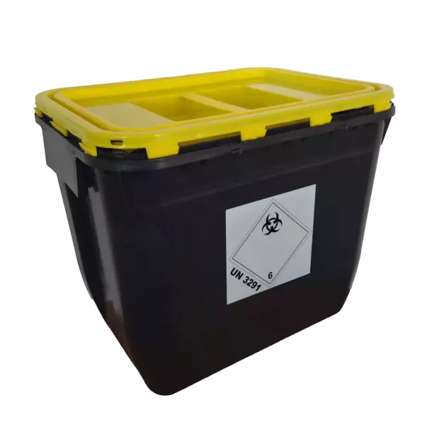 PP REC CONTAINER 30L BLACK UN 3H2/S CONICAL 400X300X330 MM INCLUDES YELLOW LID WITH HANDLE+OPENING