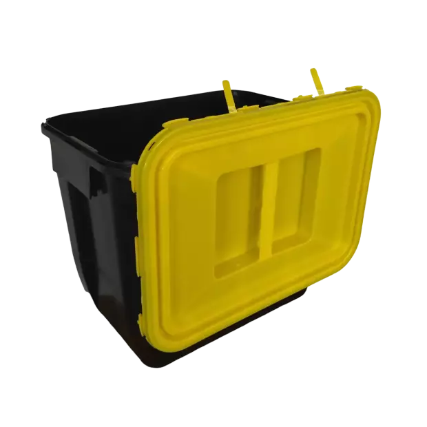 PP REC CONTAINER 30L BLACK UN 3H2/S CONICAL 400X300X330 MM INCLUDES YELLOW LID WITH HANDLE+OPENING(3)