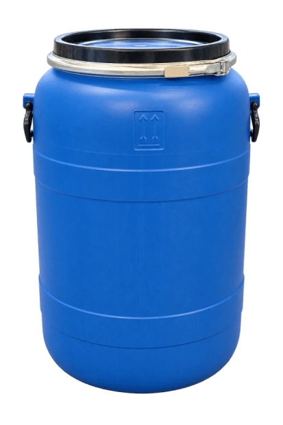PE drum 90-liter, used, removable lid + lever-type closure with Teflon-coated handle inside